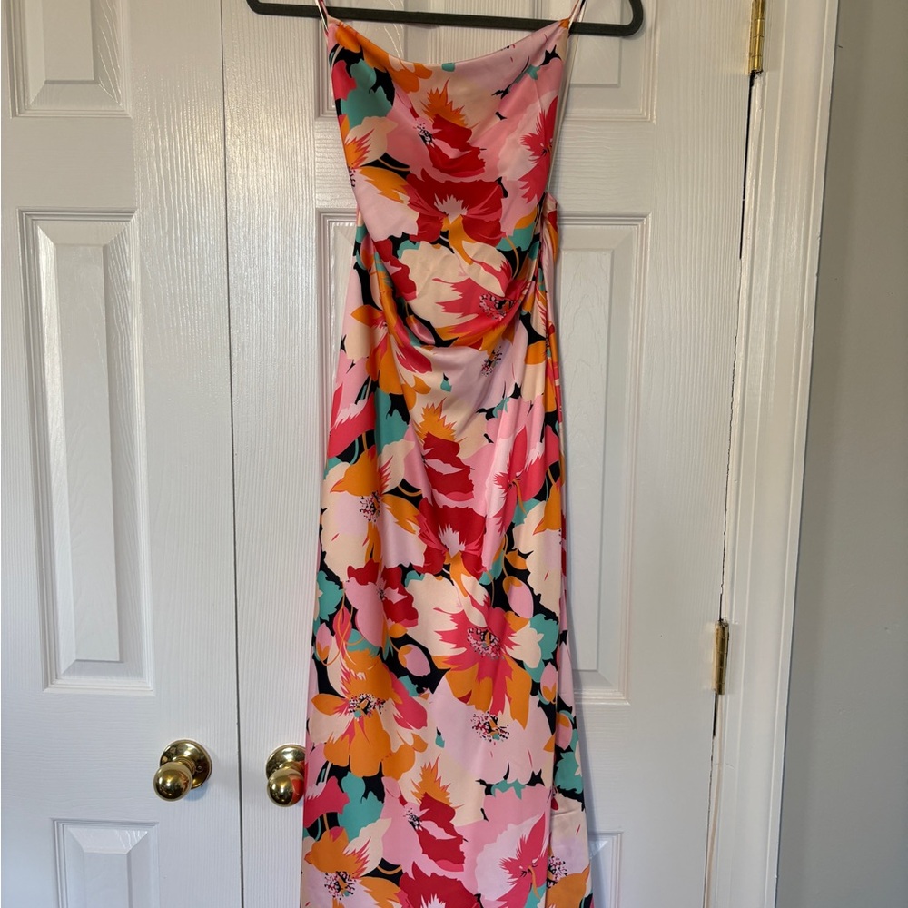 Petal & Pup NWT Pink Floral Satin Midi Dress Cowl Neck Lace Back Size M